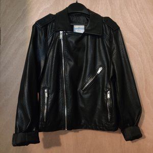 Black vegan leather bomber jacket with zippers